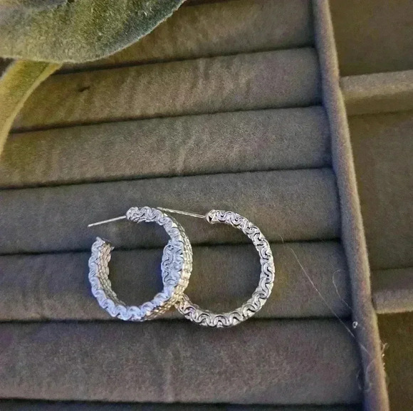 Sterling silver mesh pattern hooped earrings. - Picture 2 of 4